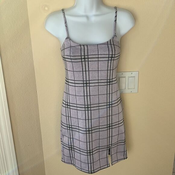 Purple Lavender Plaid Mini Stretchy Adjustable Straps Dress - Picture 3 of 9